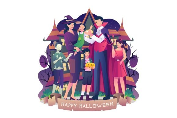 Family in Halloween Illustration: A Joyful Celebration of Spooky Fun